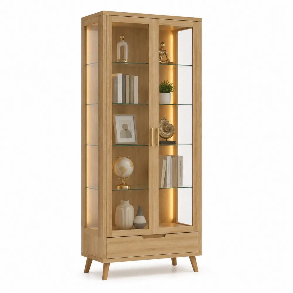 Vitrine de salon 80 x 40 x 180 cm 2 portes avec étagères en verre LED MDF chêne clair tiroir bas forme rectangulaire