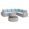 Salon de jardin canapé d’angle en résine tressée avec table basse ronde coussins bleu clair structure métal