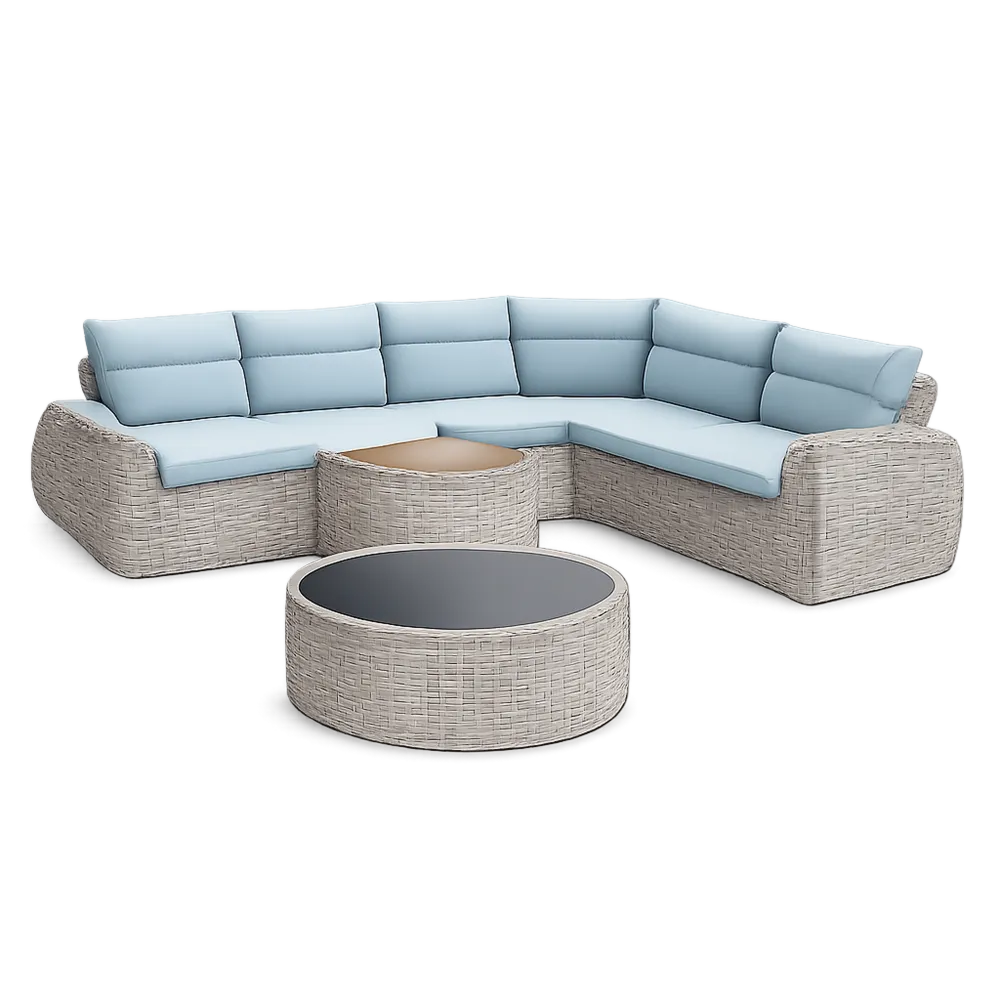Salon de jardin canapé d’angle en résine tressée avec table basse ronde coussins bleu clair structure métal