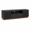 Meuble TV 160 x 40 x 50 cm MDF mélaminé noir façade rainurée bois noyer portes latérales tiroirs centraux forme rectangulaire
