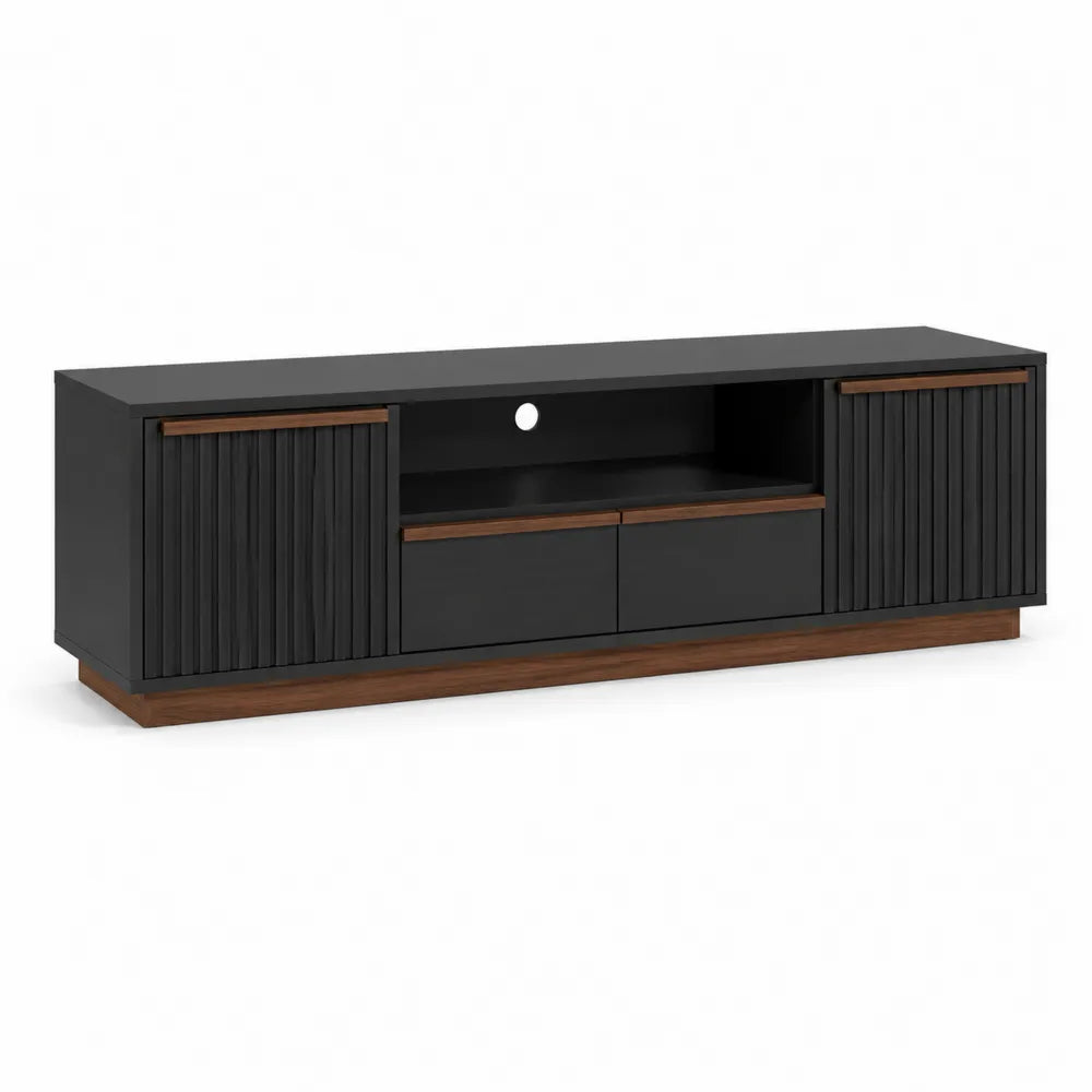 Meuble TV 160 x 40 x 50 cm MDF mélaminé noir façade rainurée bois noyer portes latérales tiroirs centraux forme rectangulaire