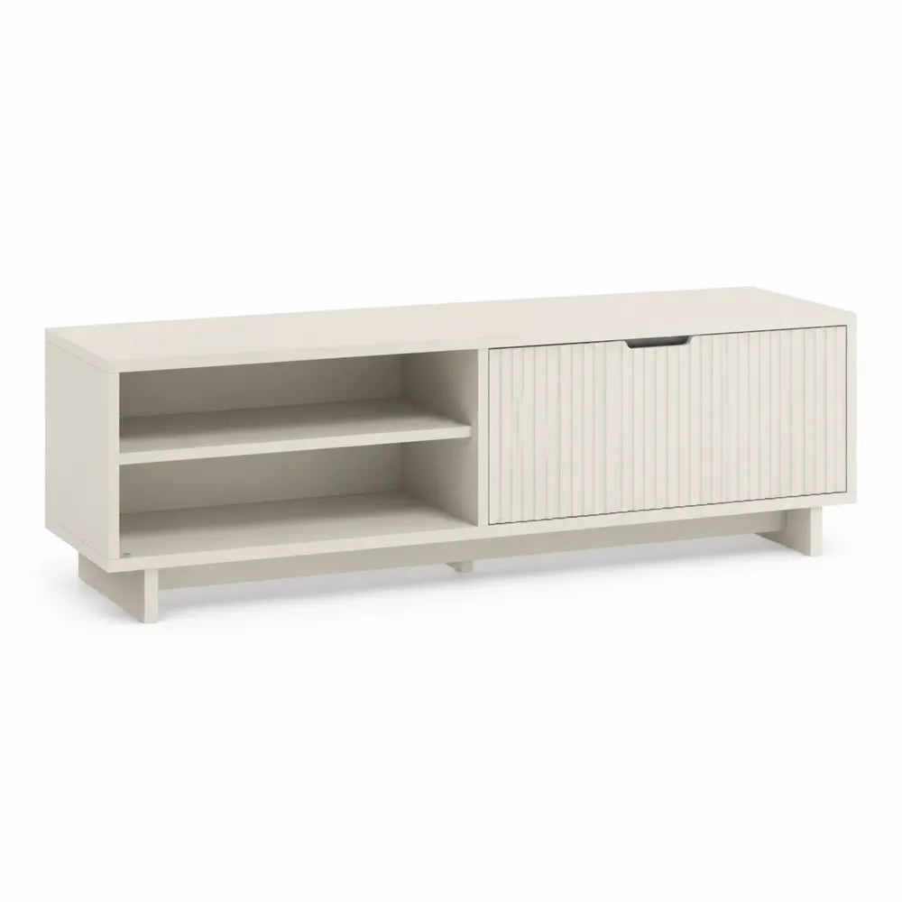 Meuble TV bas 2 niches ouvertes avec porte battante rainurée MDF mélaminé beige 160 cm x 40 cm x 50 cm