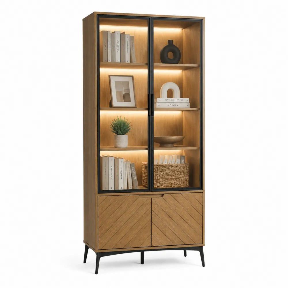 Vitrine de salon LED 2 portes vitrées et 2 portes pleines bois mélaminé chêne naturel noir rectangulaire 80 cm x 40 cm x 180 cm