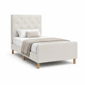 Lit simple 90 x 190 cm cadre de lit capitonné beige clair tête de lit capitonnée tissu polyester pieds en bois d'hévéa massif