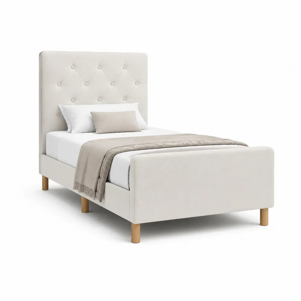 Lit simple 90 x 190 cm cadre de lit capitonné beige clair tête de lit capitonnée tissu polyester pieds en bois d'hévéa massif
