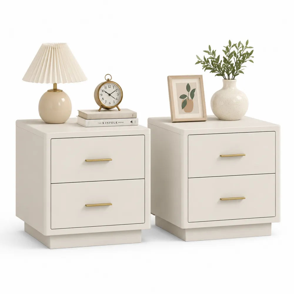 Tables de chevet lot de 2 45 x 40 x 55 cm avec 2 tiroirs MDF finition beige poignées métal doré forme rectangulaire