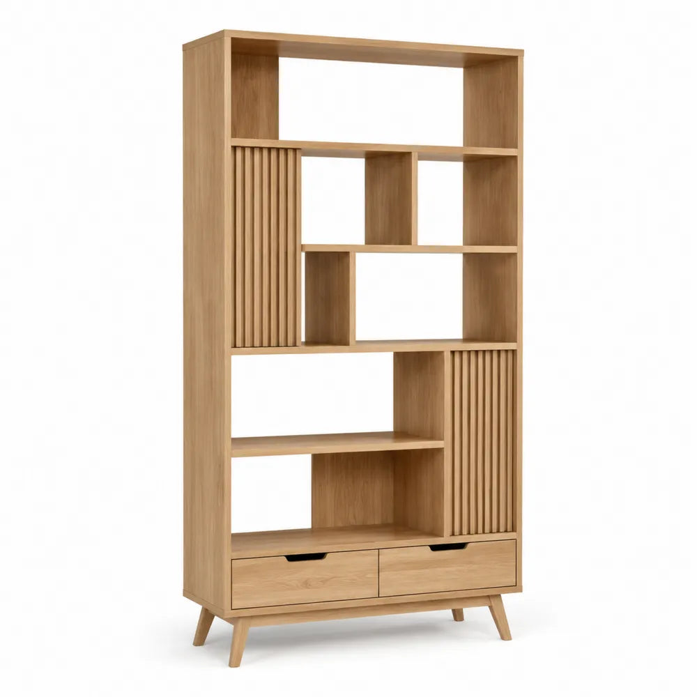 Bibliothèque 90 x 30 x 180 cm avec étagères ouvertes et 2 tiroirs structure en bois MDF décor chêne clair pieds en bois massif rectangulaire