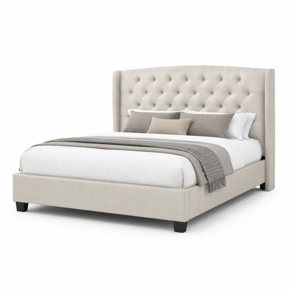 Lit double 160 x 200 cm tête de lit capitonnée tissu polyester beige cadre bois pieds noirs