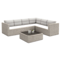 Salon de jardin d’angle 260 x 210 x 70 cm résine tressée gris clair coussins polyester blanc table basse assortie forme L