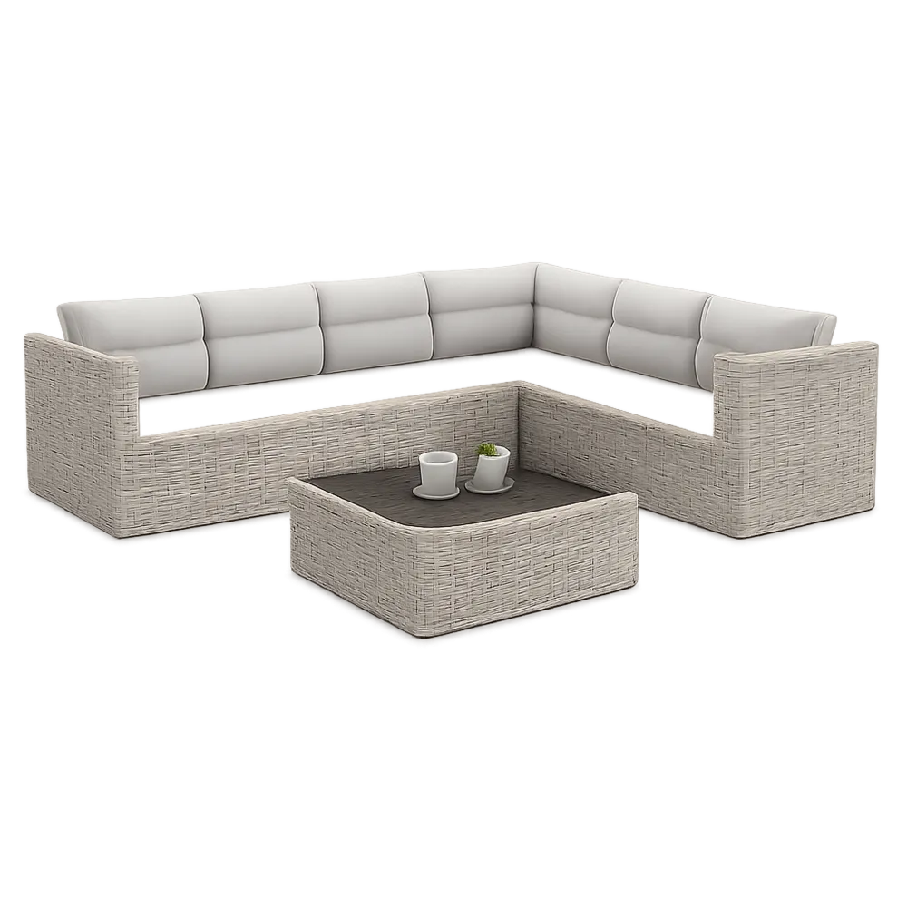 Salon de jardin d’angle 260 x 210 x 70 cm résine tressée gris clair coussins polyester blanc table basse assortie forme L
