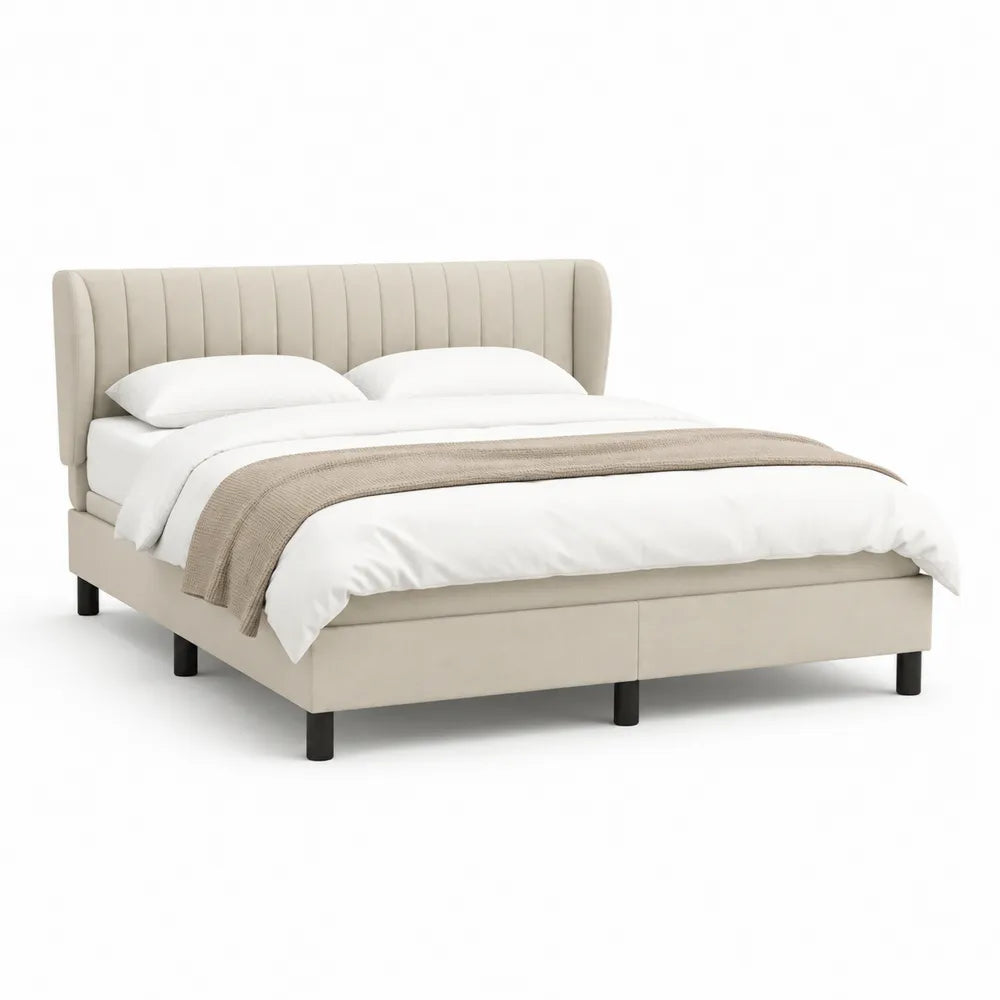 Lit double 160 x 200 cm tête de lit capitonnée verticale tissu polyester beige pieds bois cadre en bois