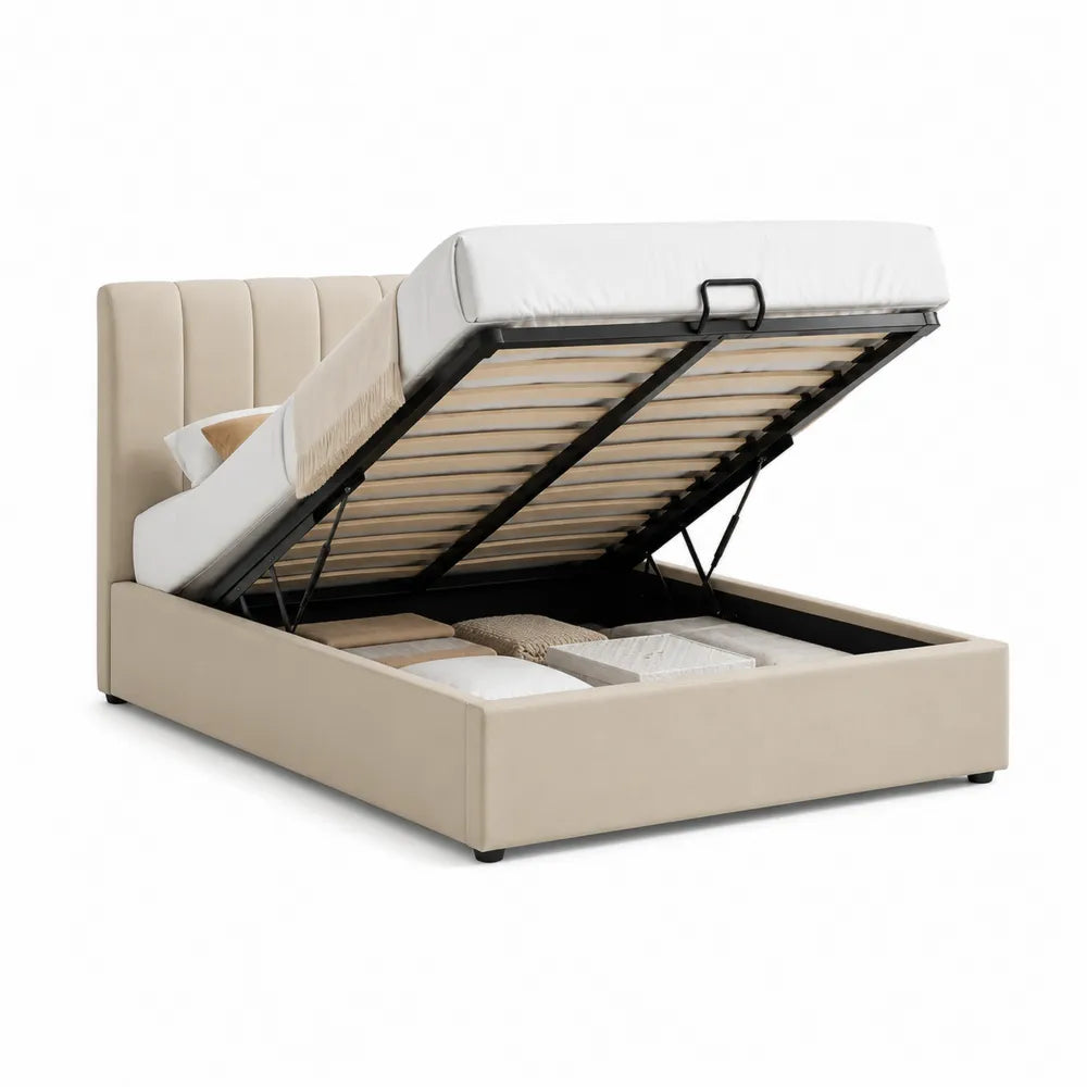 Lit coffre relevable 160 x 200 cm cadre MDF acier tête de lit rembourrée polyester beige sommier à lattes structure rectangulaire 205 x 165 x 110 cm