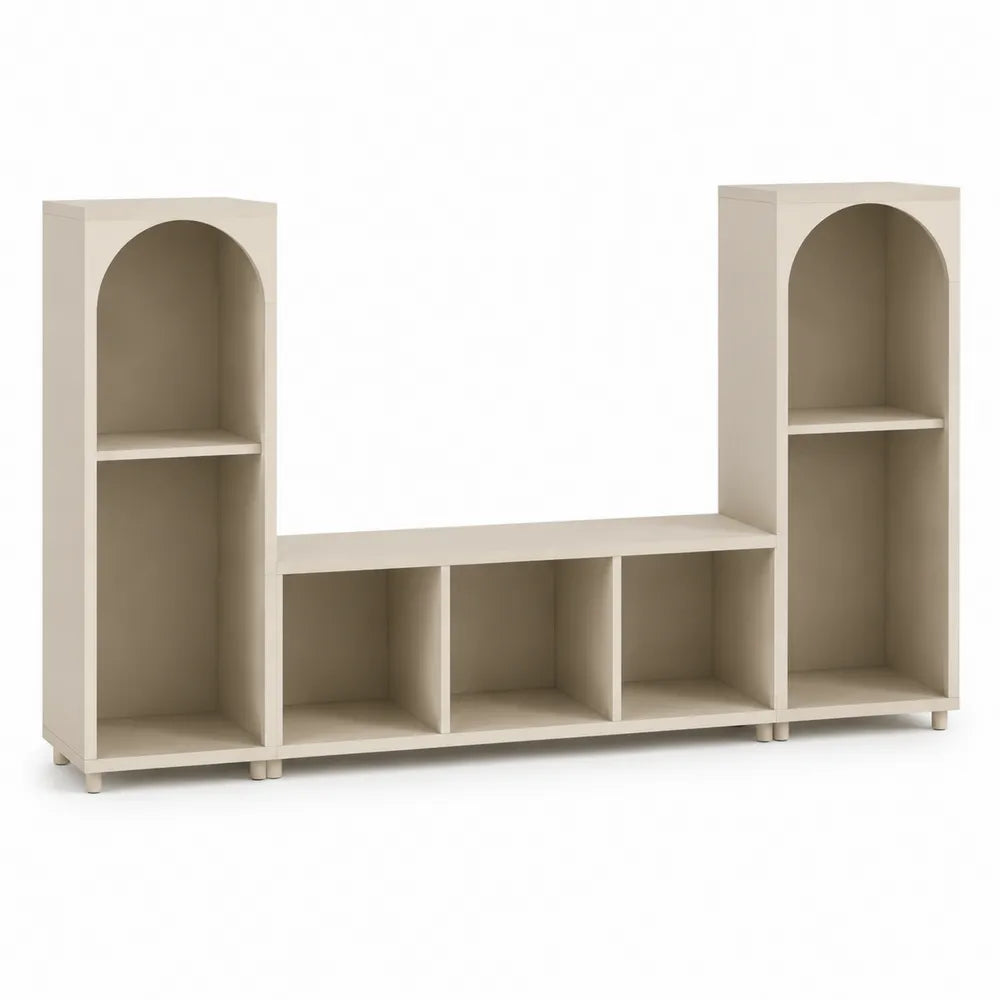 Meuble TV bibliothèque en panneaux de particules mélaminés beige clair avec étagères latérales en arche 180 cm x 35 cm x 120 cm
