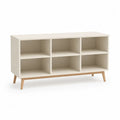 Meuble TV bas étagères ouvertes 6 compartiments MDF mélaminé beige 140 cm x 35 cm x 70 cm pieds bois naturel
