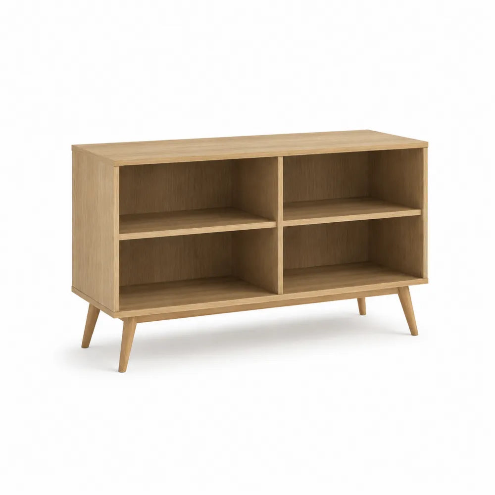 Meuble TV 120 x 35 x 60 cm MDF mélaminé chêne clair ouvert 4 niches forme rectangulaire pieds hêtre massif naturel