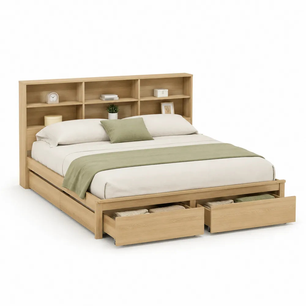 Lit double 160 x 200 cm cadre en panneaux bois chêne clair tête bibliothèque étagères 2 tiroirs de rangement pieds bois naturel
