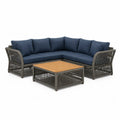 Salon de jardin canapé d’angle modulable 5 places en résine tressée grise avec coussins bleu et table basse plateau bois 250 cm x 200 cm x 70 cm