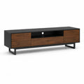 Meuble TV 180 x 40 x 50 cm MDF placage noyer noir 2 portes 2 tiroirs niche centrale pieds métal noir structure rectangulaire
