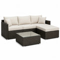 Salon de jardin d’angle 270 x 210 x 68 cm résine tressée gris clair coussins blanc crème table basse verre trempé forme L
