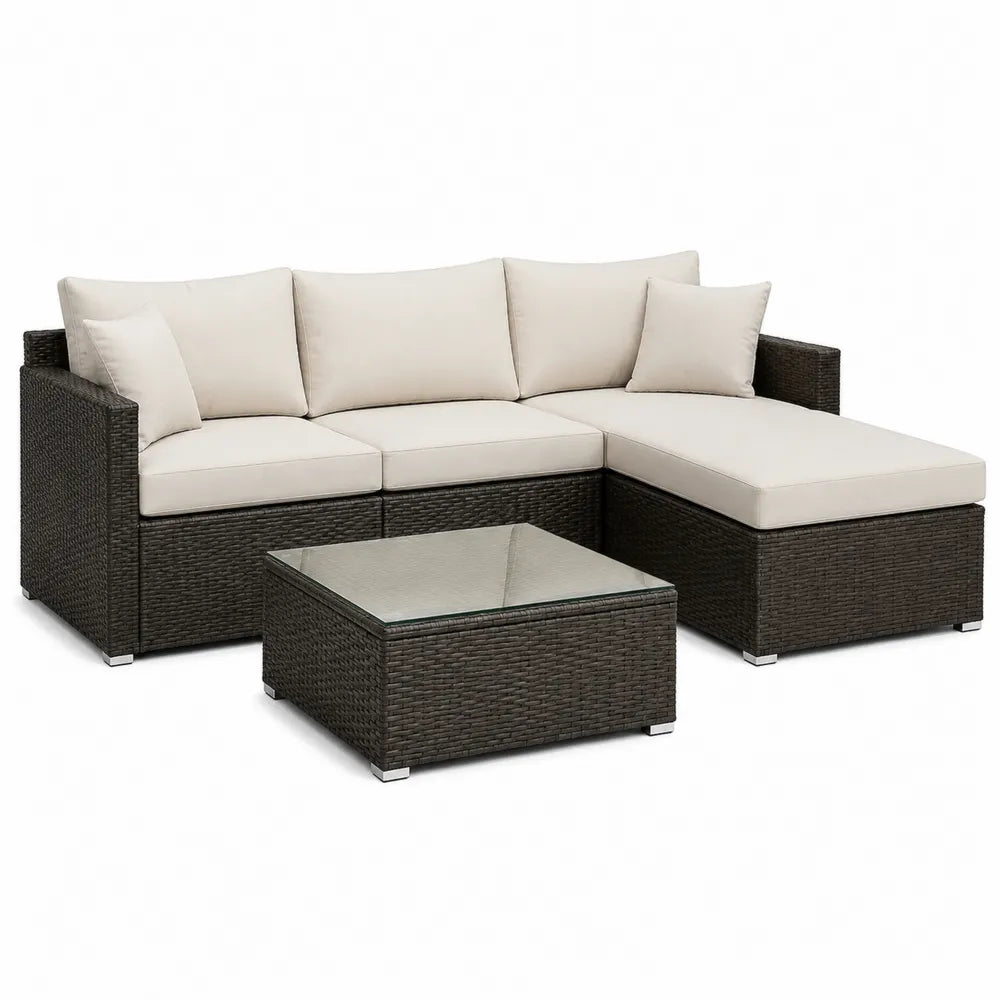 Salon de jardin d’angle 270 x 210 x 68 cm résine tressée gris clair coussins blanc crème table basse verre trempé forme L