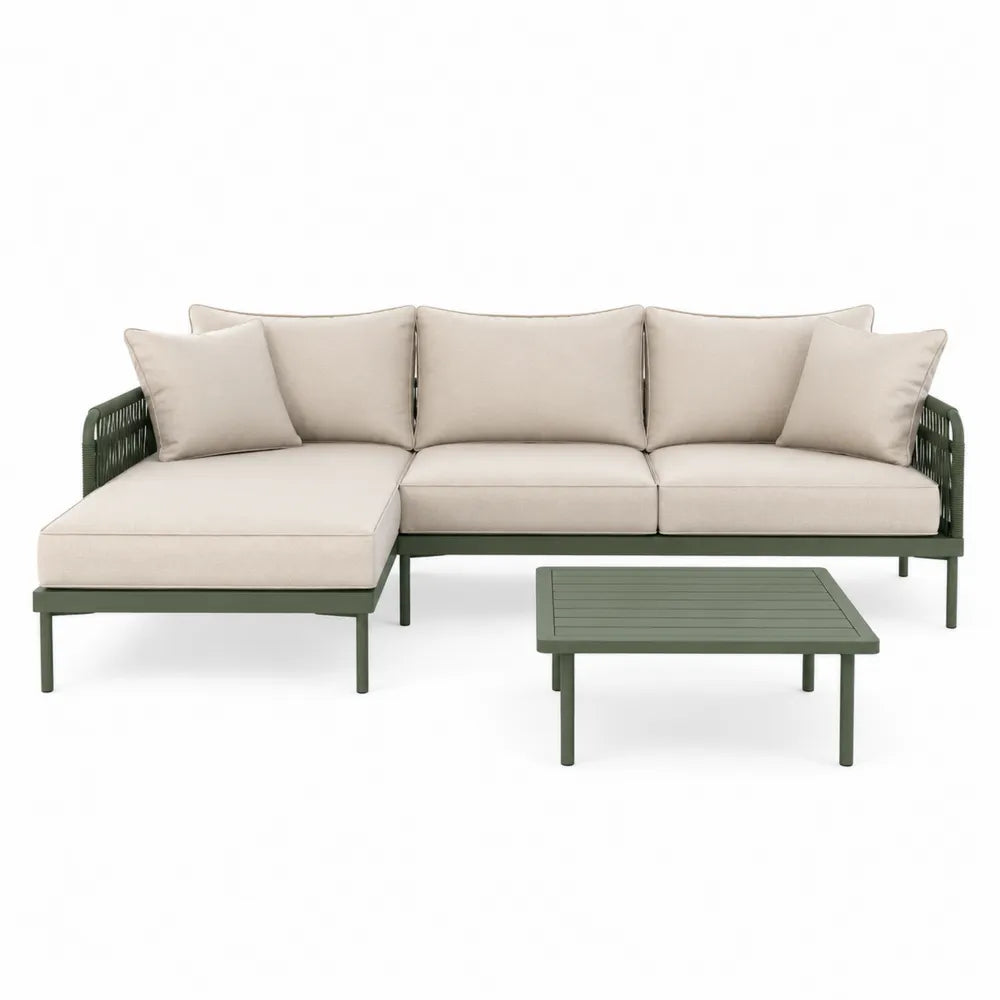 Salon de jardin d’angle modulable canapé avec méridienne et table basse structure métal vert coussins beige 250 cm x 180 cm x 70 cm