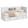 Lit banquette 90 x 200 cm cadre en panneaux de particules blanc avec tête de lit étagères intégrées et 3 tiroirs de rangement forme rectangulaire