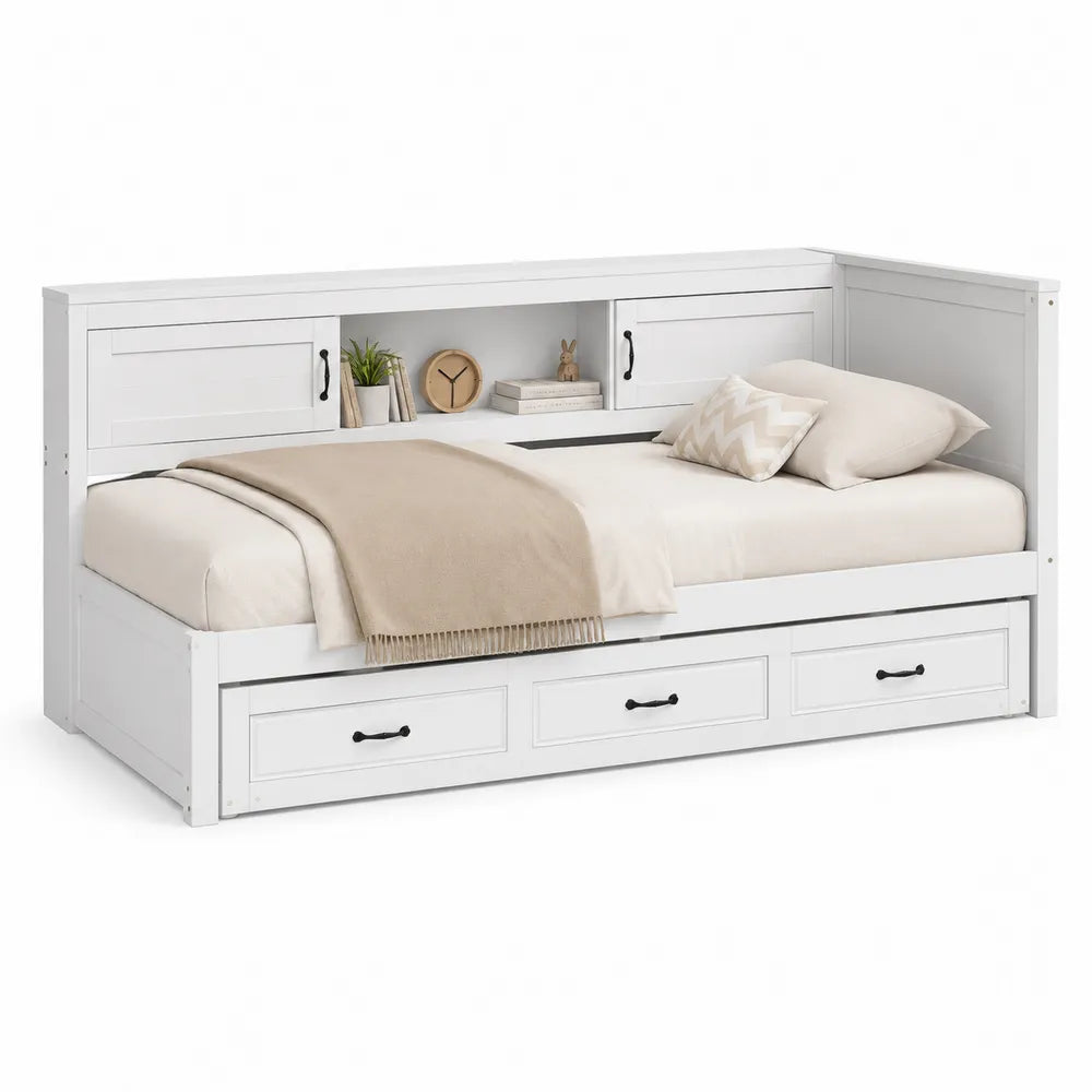 Lit banquette 90 x 200 cm cadre en panneaux de particules blanc avec tête de lit étagères intégrées et 3 tiroirs de rangement forme rectangulaire