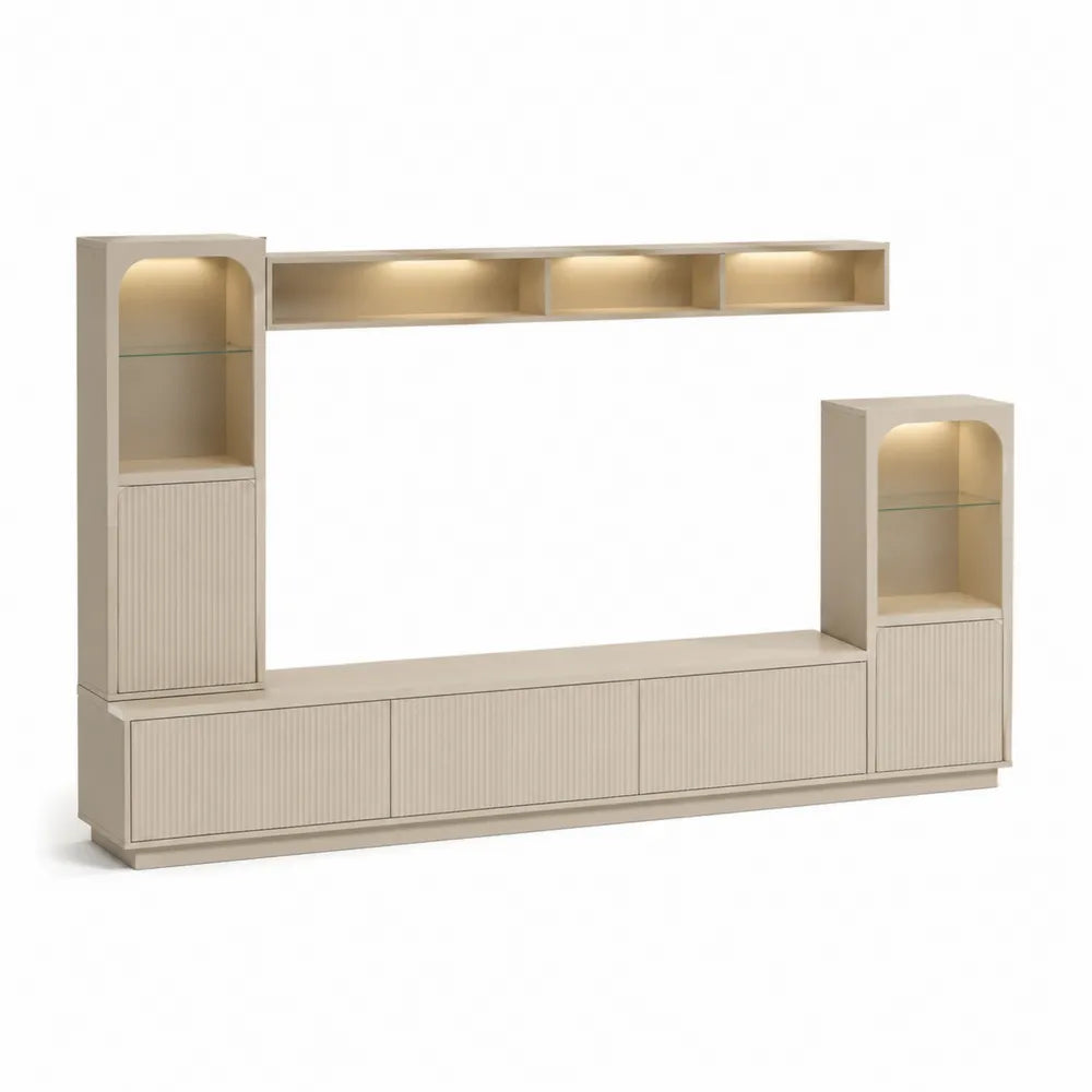 Ensemble meuble TV mural 240 x 40 x 180 cm MDF beige clair vitrines latérales LED étagère haute rectangulaire
