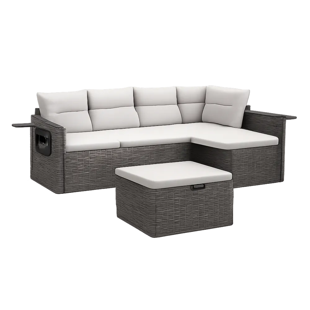 Canapé de jardin d angle modulable 3 pièces résine tressée PE aluminium coussins polyester table basse coffre ottoman gris gris clair 250 cm 200 cm 70 cm