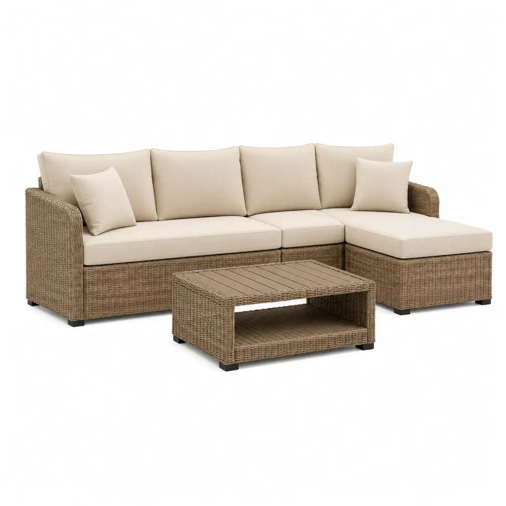 Canapé d’angle de jardin modulable en résine tressée PE structure aluminium coussins polyester beige marron 240 cm 180 cm 70 cm table basse assortie 80 cm 50 cm 35 cm