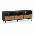 Meuble TV bas 3 tiroirs 3 niches ouvertes MDF mélaminé noir et bois naturel 180 cm x 40 cm x 55 cm